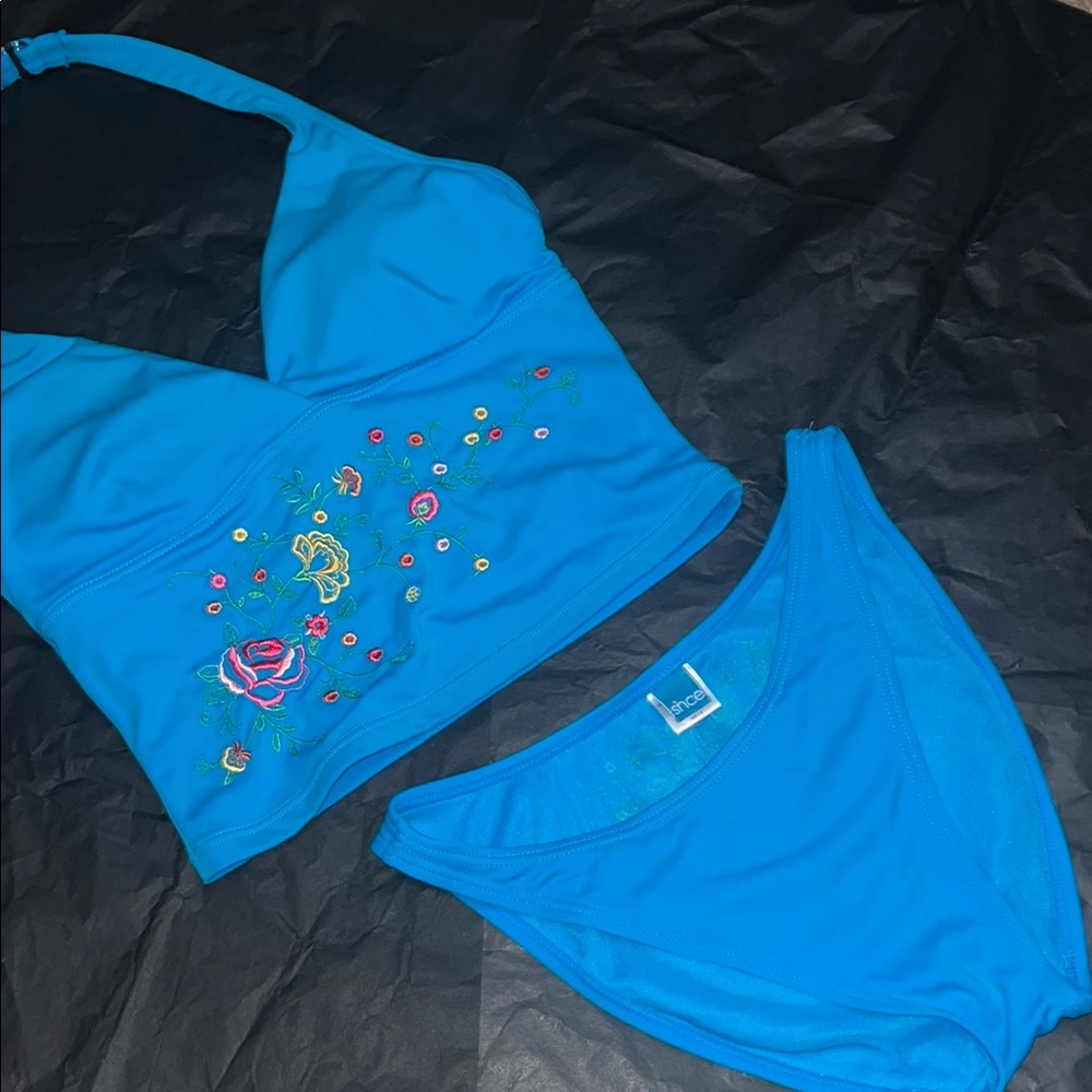 Embroidered Blue Bikini Set